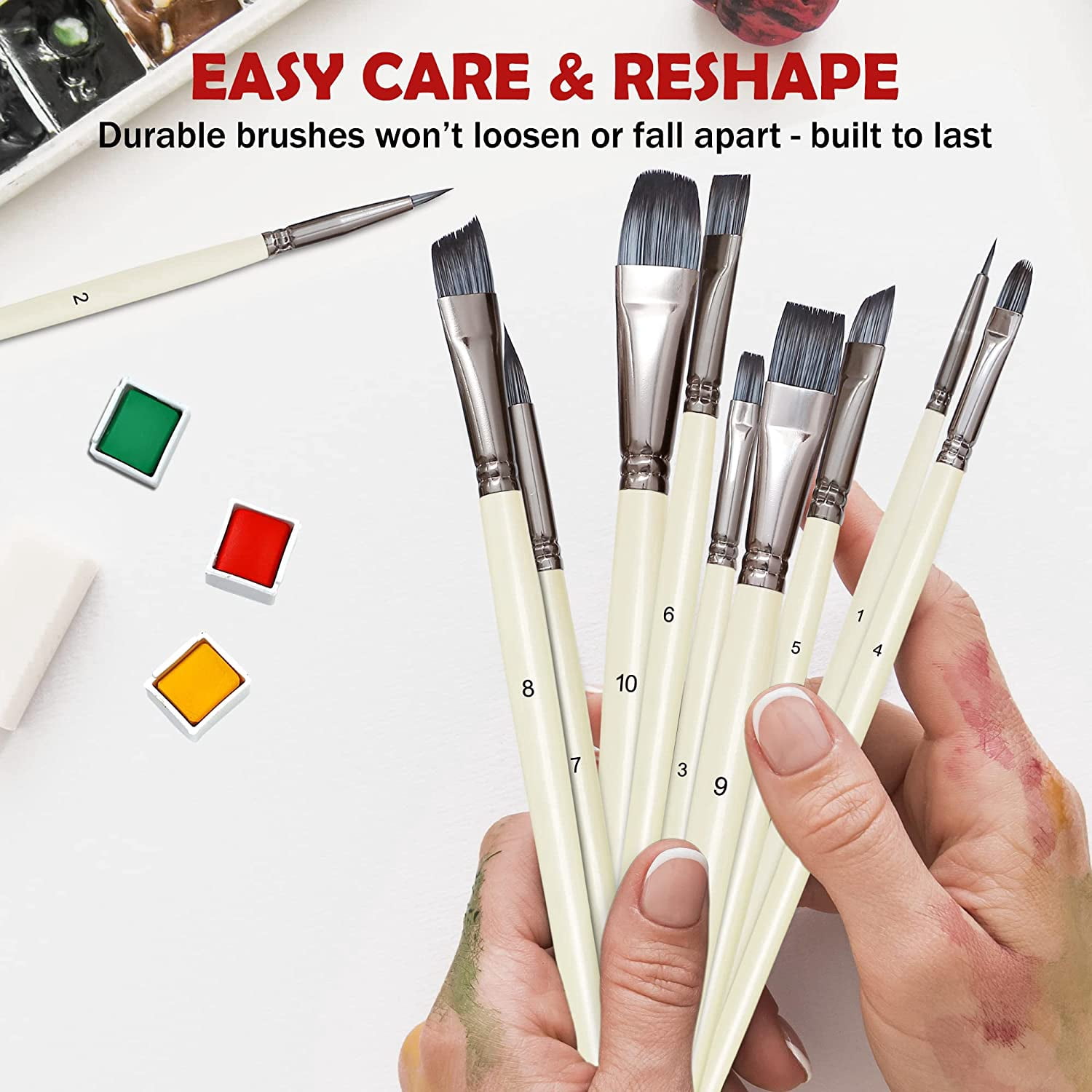 JJEAN-Artist Paint Brushes Set 10pcs for Acrylic Oil Watercolor Gouache Paint by Numbers, Art Face and Body Professional Miniatures Painting Kits with Anti-Shedding Nylon Hair Tips Paintbrushes