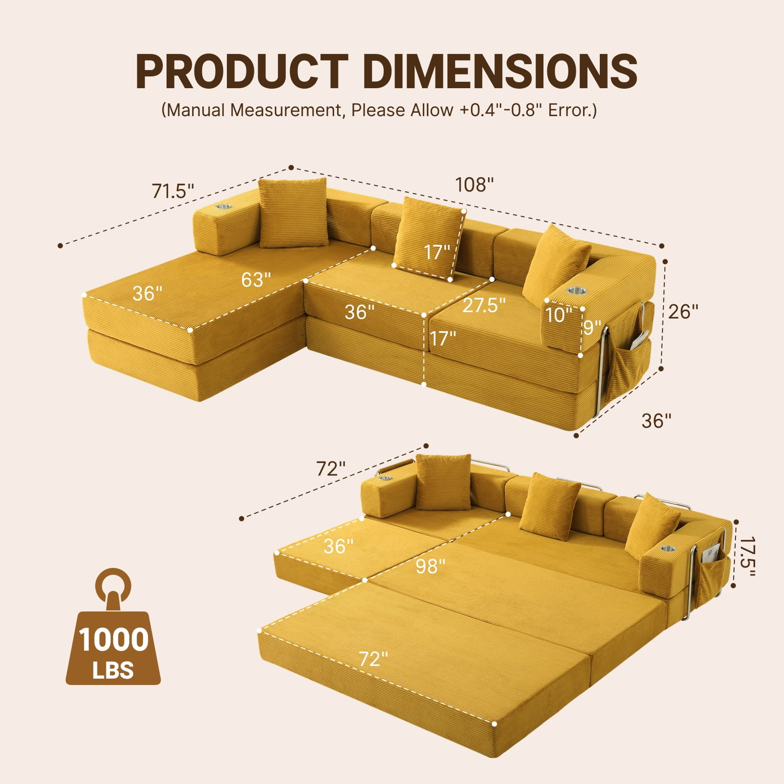 Garitin Sectional Sofa and Modular L Shape Cloud Couch 108 Inch, Boneless Deep Seat Corduroy Living Room Furniture, Yellow