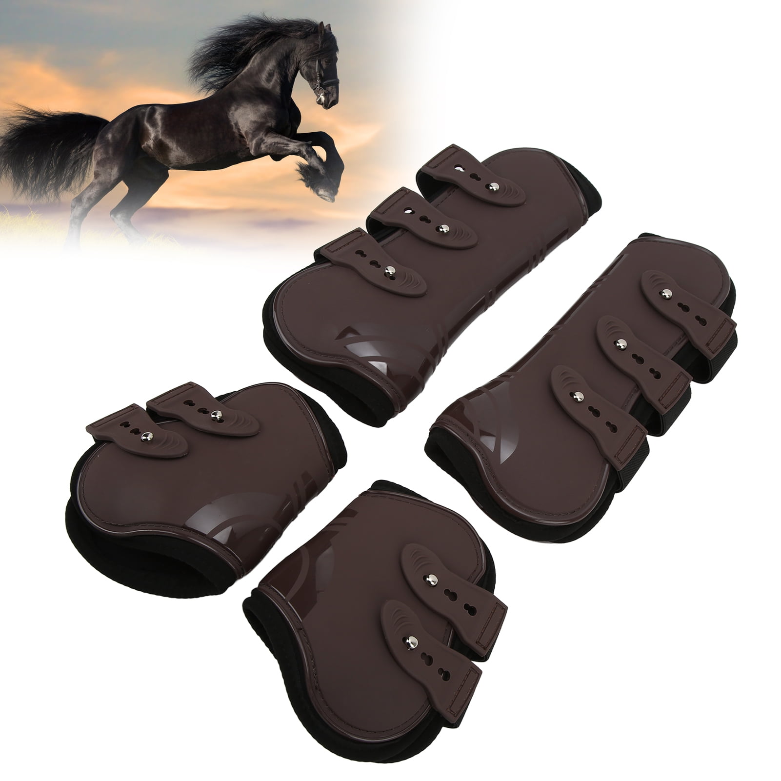 Riousery 4Pcs Horse Front Hind Leg Boots PU Neoprene Tendon Brace Guards Equestrian Protection Gear Brown M Size Set For Enhanced Care And Support During Training And Riding Activities Everyday Use