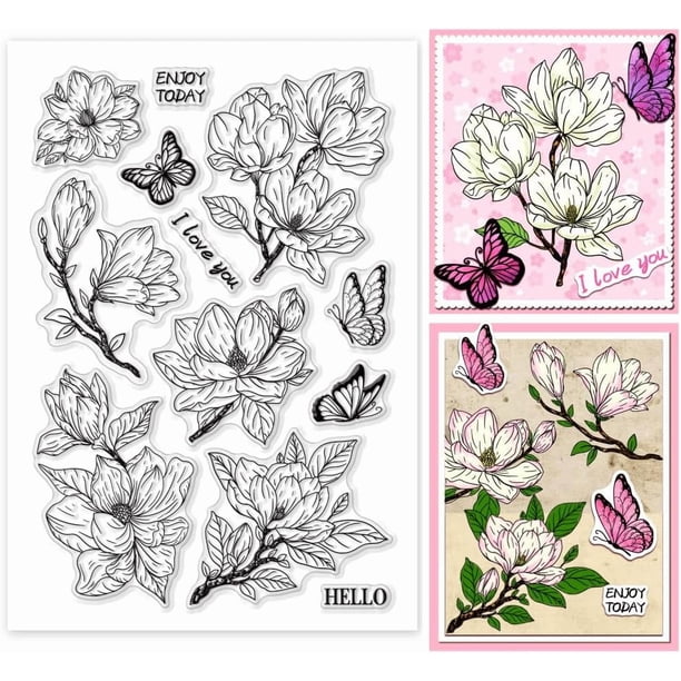 Sello transparente de flor de magnolia, sello de silicona de flores, sello de goma transparente de mariposa, sellos de sellado