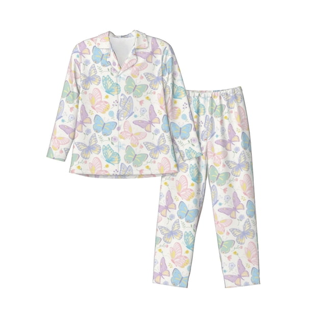 Fotbe Colorful Butterfly Pijama de Hombre con Estampado de Manga Larga, Conjunto de 2 Piezas, Ropa de Dormir Suave y Cómoda con Bolsillos-Medium