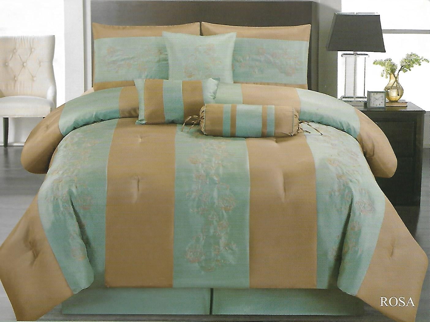 WPM 7 Pieces Complete Bedding Ensemble Brown turquoise blue white flower print Luxury Embroidery Comforter Set Bed-in-a-bag Bedding-Antonia Queen
