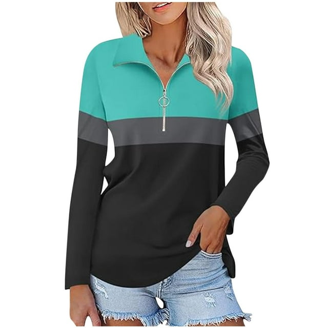 Yigetop Sweat à Demi-Zip pour Femmes Manches 3/4 Col en V Pull Décontracté Tunique d'Automne Blouses à Blocs de Couleur Pull à Col Rouge 3TG
