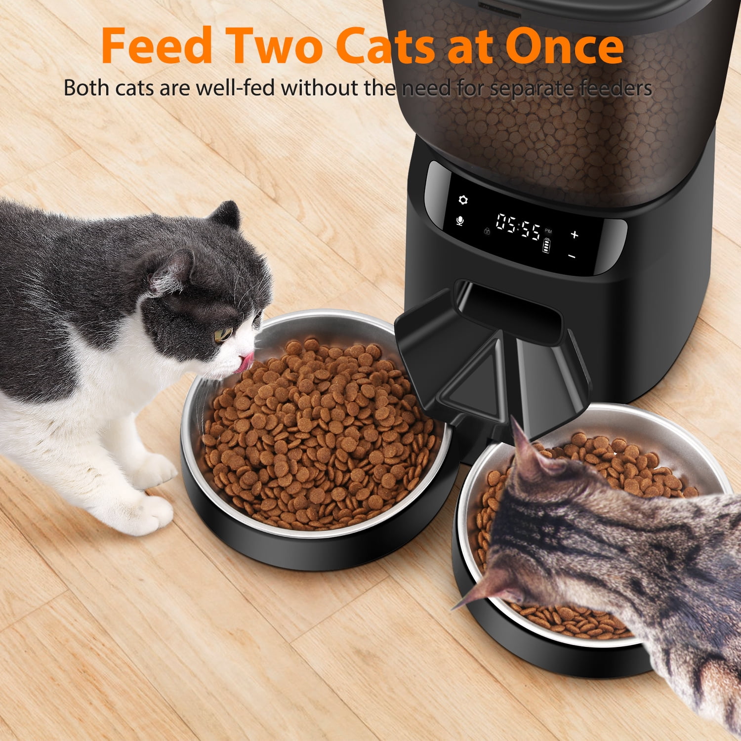 Automatic Cat Feeders for Two Cats, 5L/20 Cups Double Automatic Cat Food Dispenser with 2 Stainless Bowls, Timer Setting 20 Portions 6 Meals Per Day, 10s Meal Call, Pet Feeder for Cat