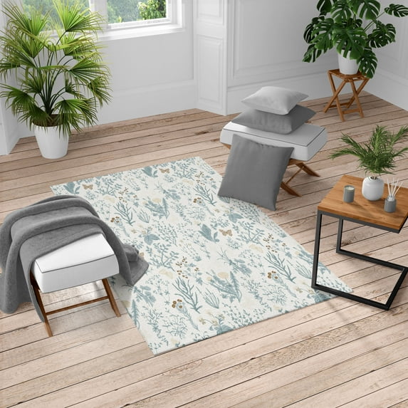 Floral Turkish Area Rug, Vintage Garden Plants Herbs Flowers Botanical Classic Design Illustration, Soft Carpet for Living Room Decor with Distressed Look, 6.6' X 9.6', Blue Grey, by Ambesonne