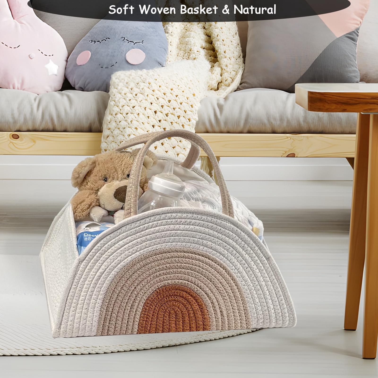 Diaper Caddy Organizer with Gift Bags and Ribbons - Sturdy Cotton Rope Basket for Baby Girl & Boy Newborn Essentials, Large Baby Gift Bag, Nursery Storage Caddy with Handles (white Brown)