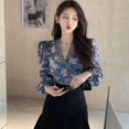 thumbnail image 6 of Women's Floral V-neck Lace Bandage Topwoner Navel Long Sleeve Shirt Top, 6 of 12
