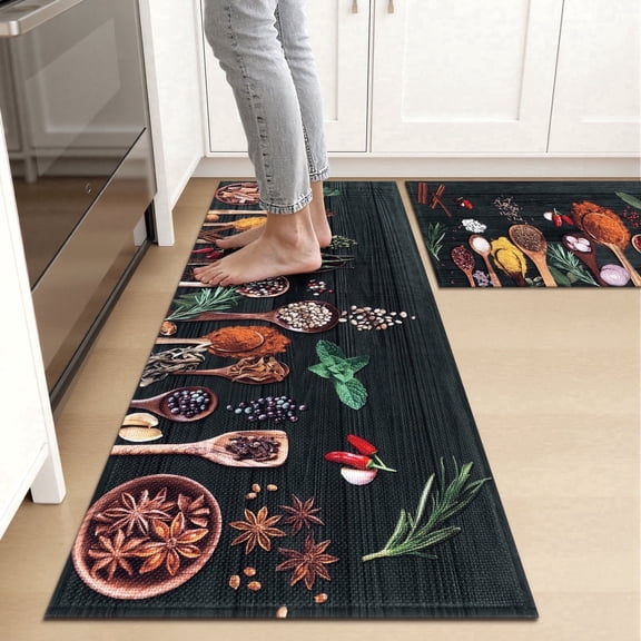 Findosom Kichen Rug Set of 2,Non Slip Machine Washable Kitchen Runner Rug for Floor,Spices Farmhouse Kitchen Rugs Absorbent for Sink,Hallway,Office,Kitchen Decor,Black 19"x32" 19"x48"