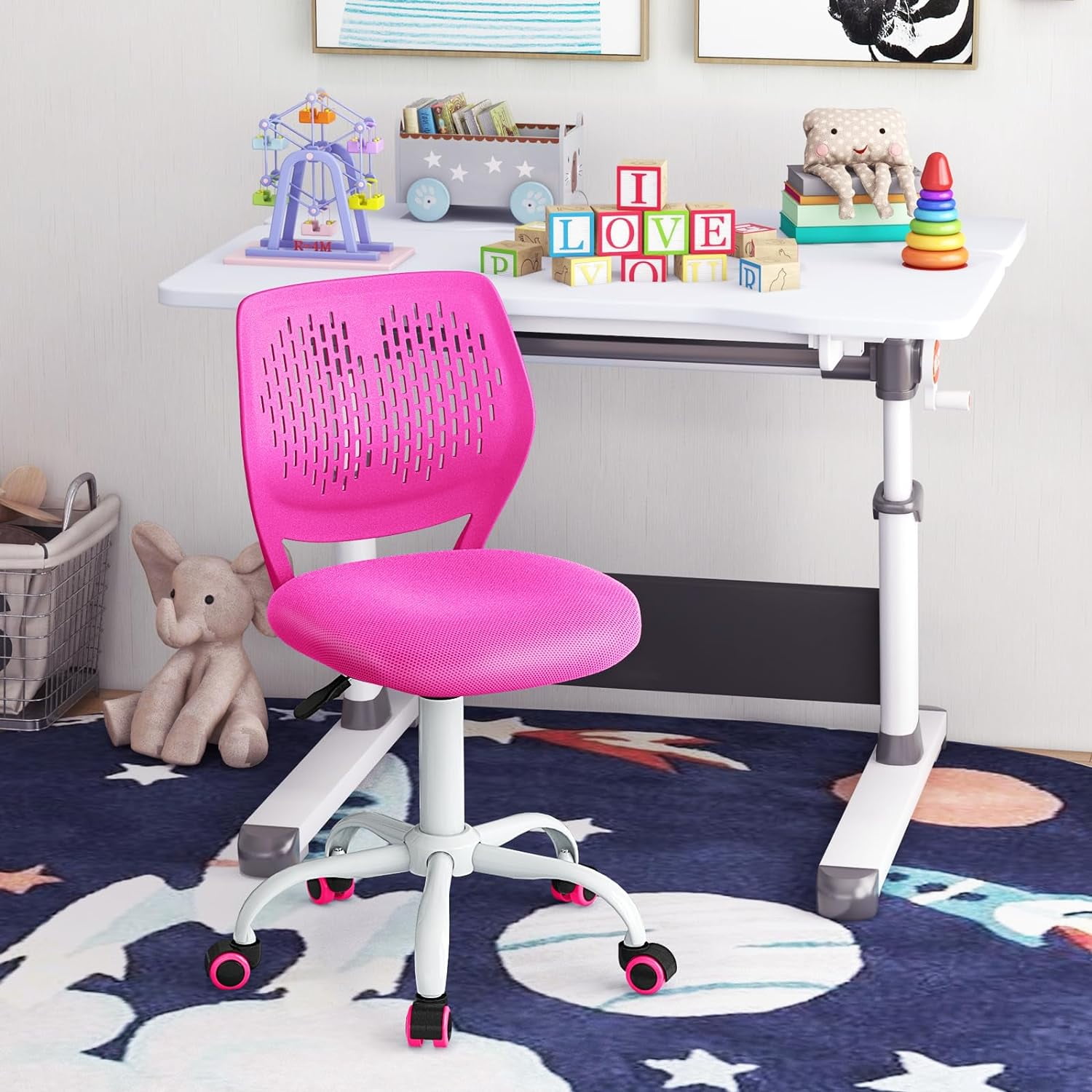 GLACER  Desk Chair, Armless Study Chair with Adjustable Height & Swivel, Low Back, Ergonomic Rolling Office Chair Computer Chair for Teens, Children (Rose)
