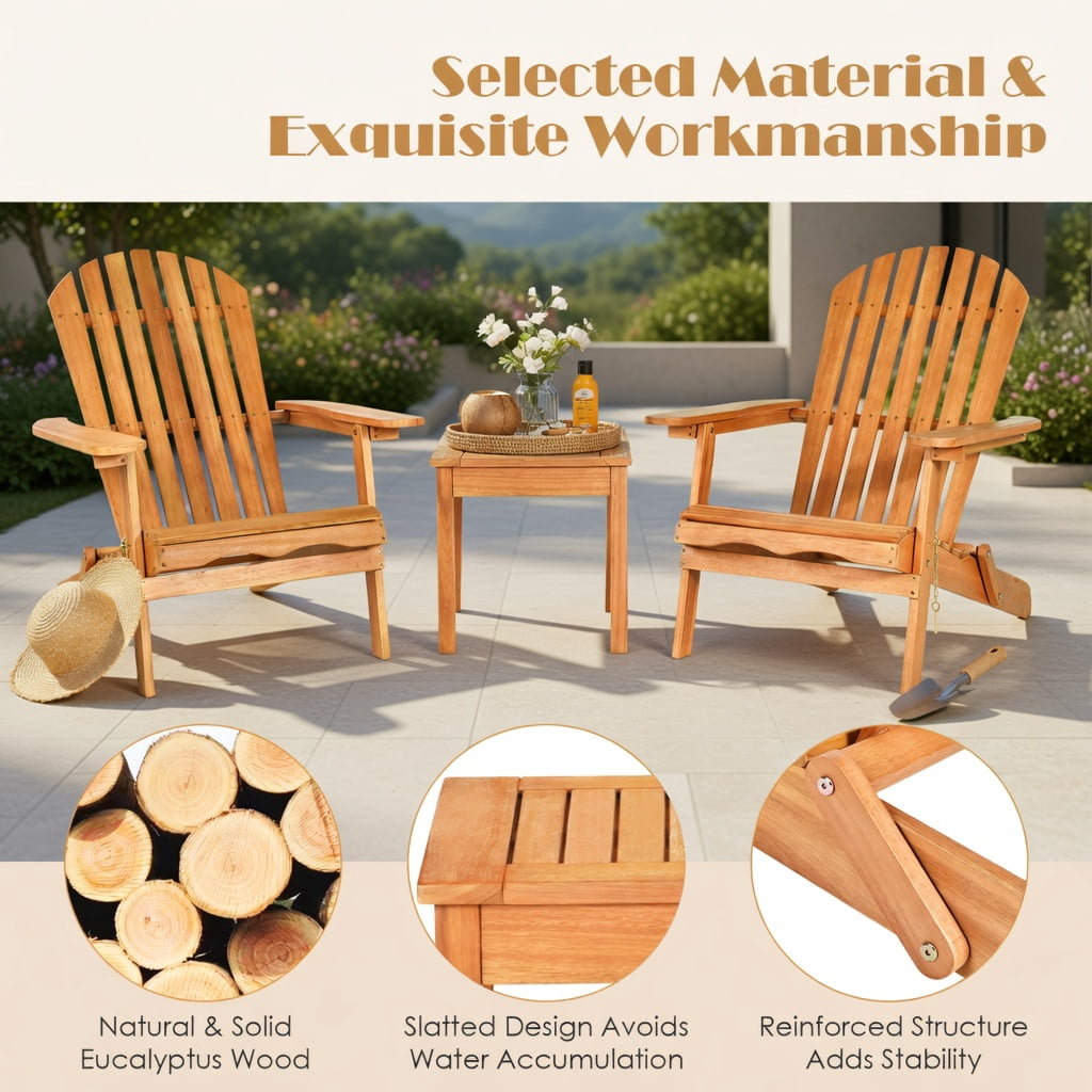 Hommoo 3-Piece Eucalyptus Adirondack Chair Set with Wide Armrests, Foldable Outdoor Patio Chairs & Side Table, Natural