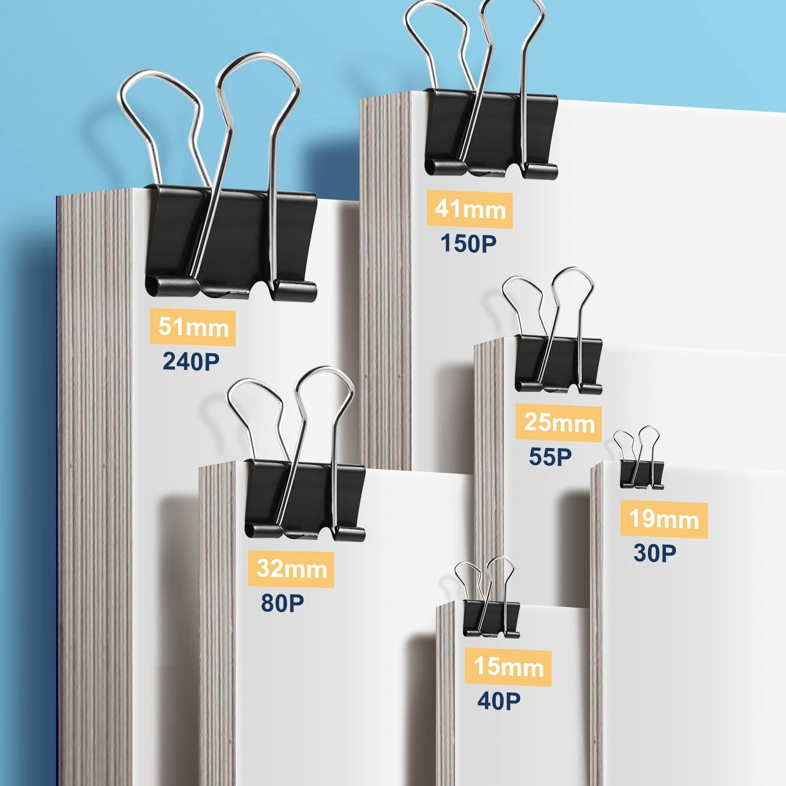Binder Clips Paper Clamps Assorted Sizes, Metal Paper Binder Clip, Black Binding Paperwork Clamp Bulk, School Teachers Office Supplies