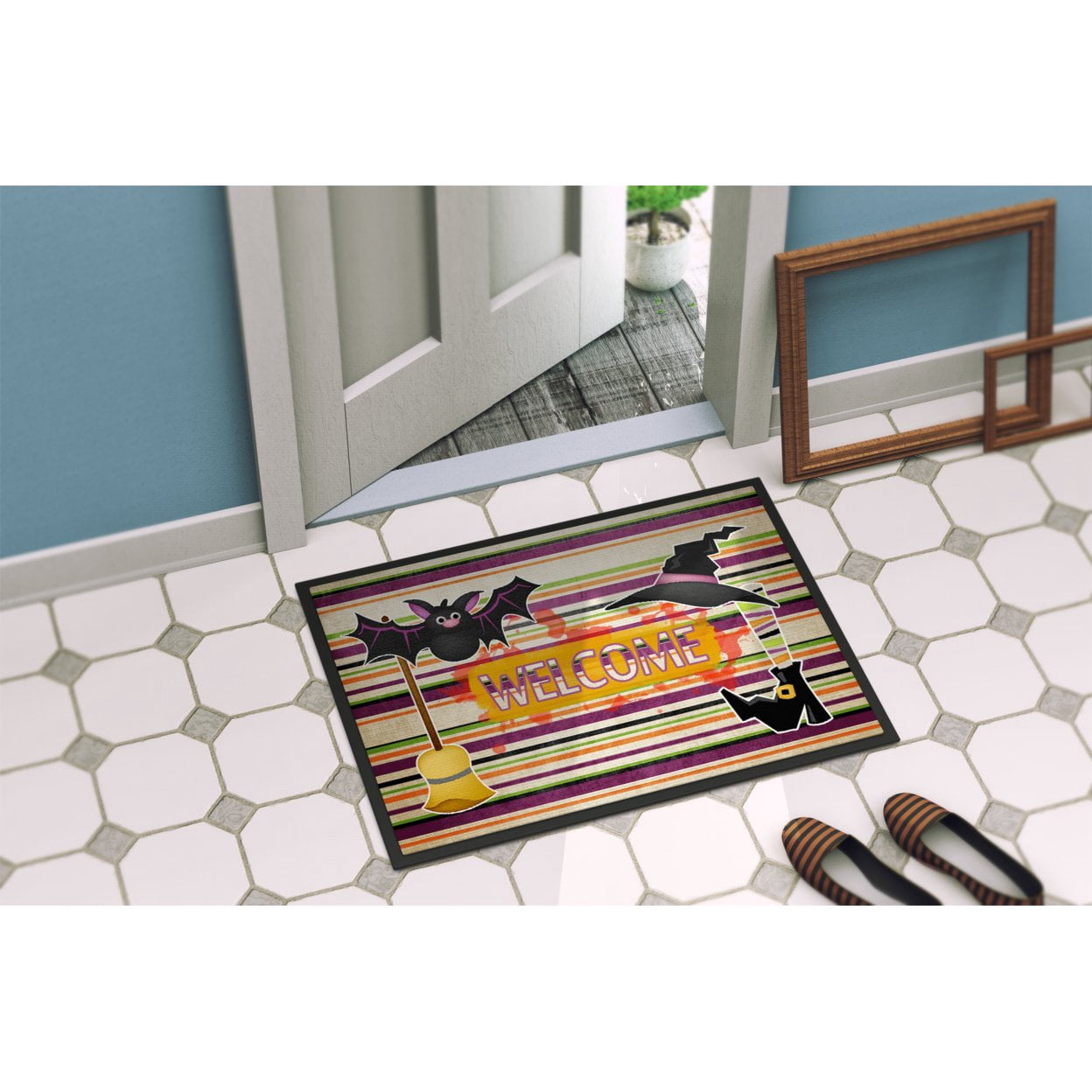 Witch Costume and Broom on Stripes Halloween 24x36 Doormat