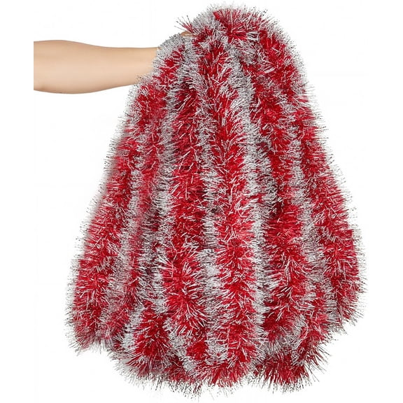 Lush Christmas Tinsel Garland, Red & White Radiant Metallic Twist Streamers for Holiday Decor, Plush & Full Xmas Tree Garland for an Elegant Festive Atmosphere, Indoor & Outdoor Party Supplies