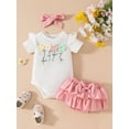 thumbnail image 3 of Baby Toddler Girls Summer Shorts Outfits 3 6 12 18 Months Short Sleeve Floral Embroidery Romper PP Shorts Headband Sets, 3 of 9
