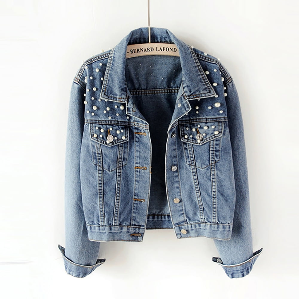 Veste en Denim pour Femmes avec Perles Courte Bleue