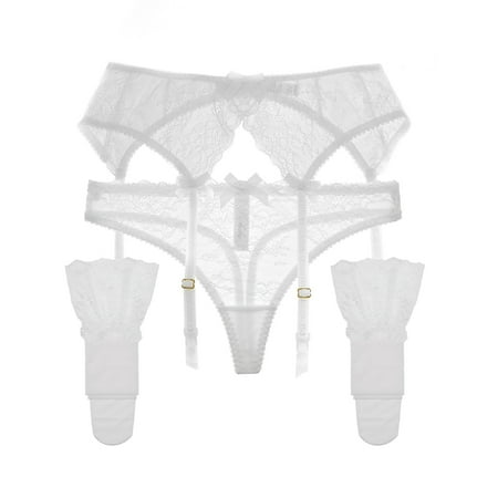 

Varsbaby Women s Sexy Lace Thongs Garters and Stockings Sets White for Wedding