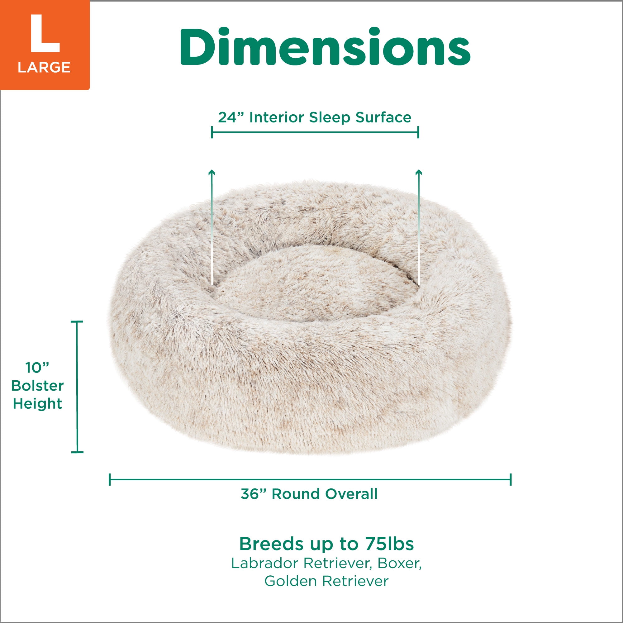 Furhaven 36" Round Calming Donut Dog Bed with Washable & Removable Cover & Bolster - Shaggy Plush Long Faux Fur Ball Bed - Driftwood, For Dogs Up to 75 lbs, Large