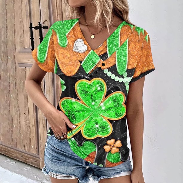 Fiudx Liquidación de Ahorros de Verano Top de Primavera/Verano de Manga Corta Informal con Cuello En V Estampado Del Día de San Patricio para Mujer