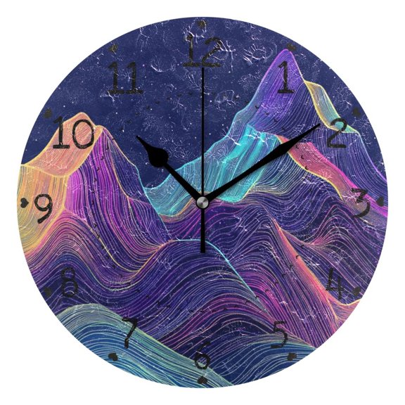 Neon Mountains Shining Stars Round Wall Clock Silent Analog Battery Operated Black Pointer Home Decor 9.84" Diameter