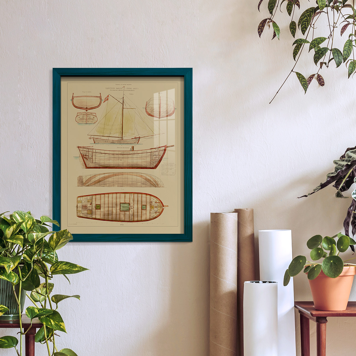 Antique Ship Plan III -Framed Print w/glass-Ocean Blue
