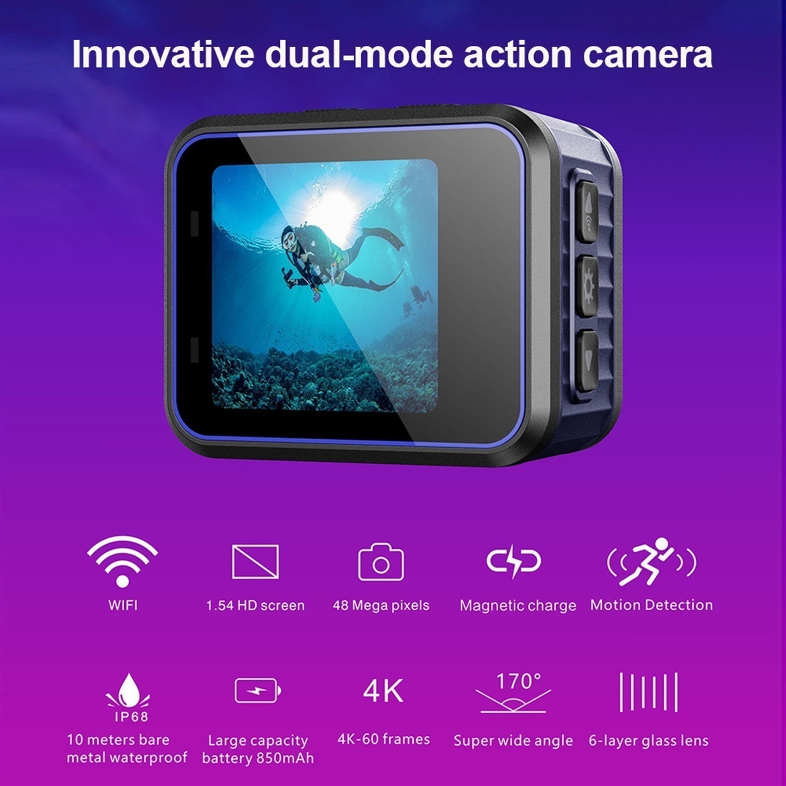 4K Ultra HD Wifi Action Camera, 48MP 1.54 inch Screen 4K Video Camera, 170D 10m Waterproof Sports DV, Helmet Camera with 128GB Card ,Wide USe