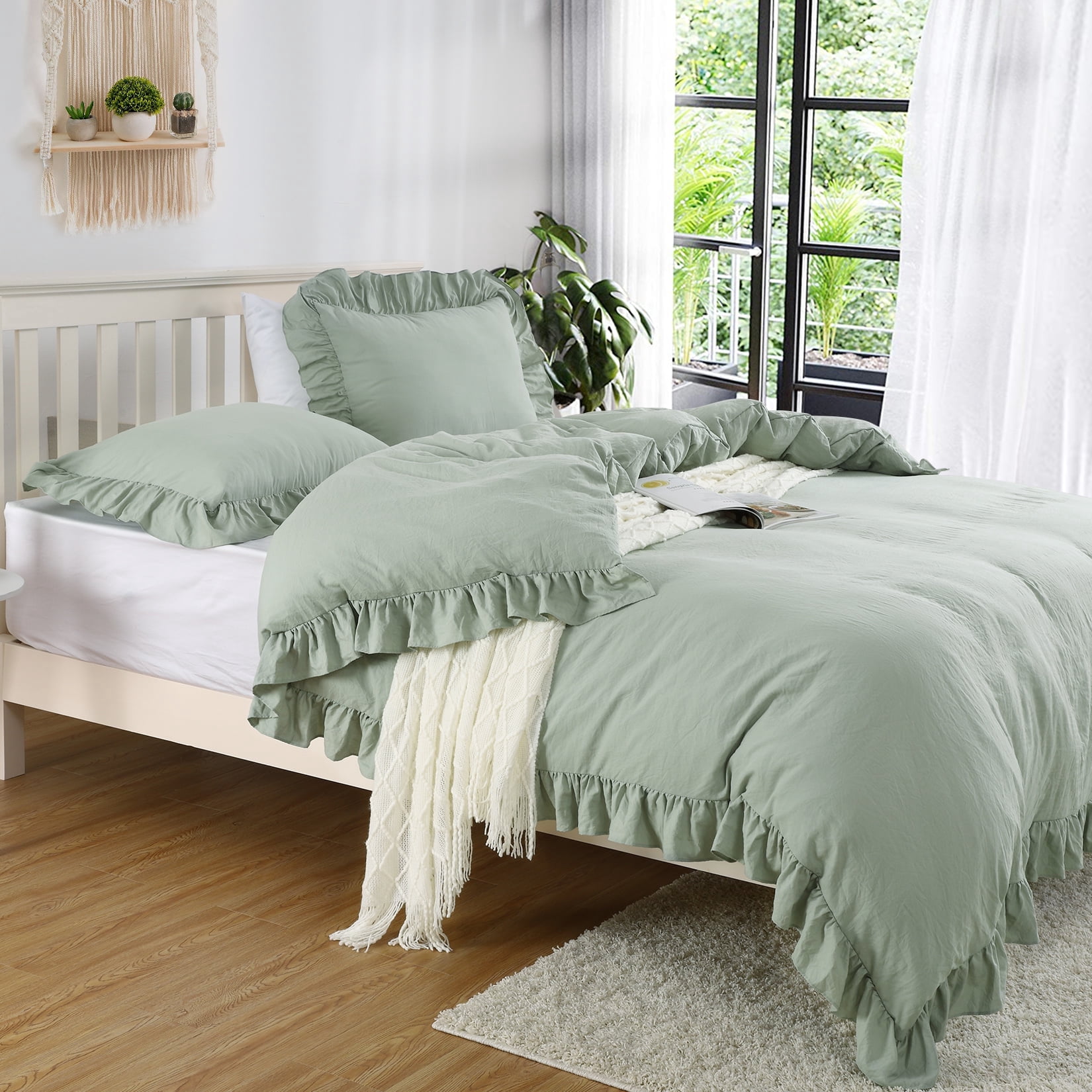 HOMERRY Twin Size Ruffles Pattern Soft Breathable Comforter Cover Farmhouse Bedding Set, 2Pcs, Green, 68×90 in