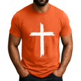 thumbnail image 2 of Men's Crew Neck Short-Sleeve T-Shirt With Distressed Cross Pattern Casual Daily Wear Soft Lightweight Fabric Spring & Summer Trendy Tees,Saffron,XXL, 2 of 4