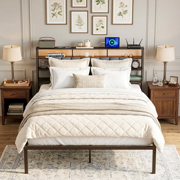 Tulib Queen Size Bed Frame with LED Storage Headboard, Platform Metal Bed Frame with Charging Station, No Box Spring Needed