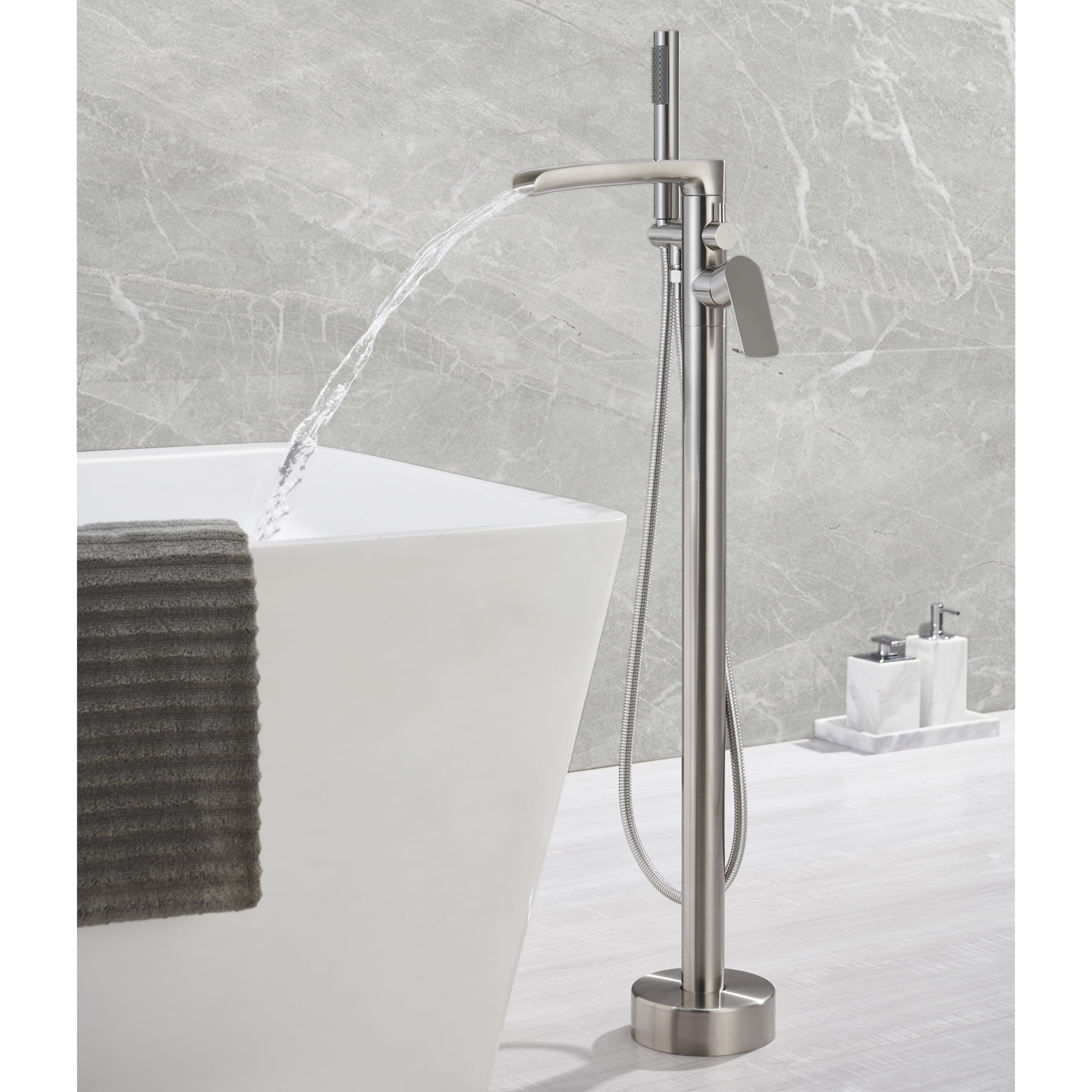 Freestanding Waterfall Bathtub Filler, Floor Mount Clawfoot Tub Faucets with Handheld Shower