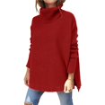thumbnail image 1 of Suéteres de Cuello Alto de Gran Tamaño para Mujer, Larga de Murciélago, Dobladillo Abierto, Túnica, Suéter de Punto, Tops Vino Tinto XXL, 1 of 7