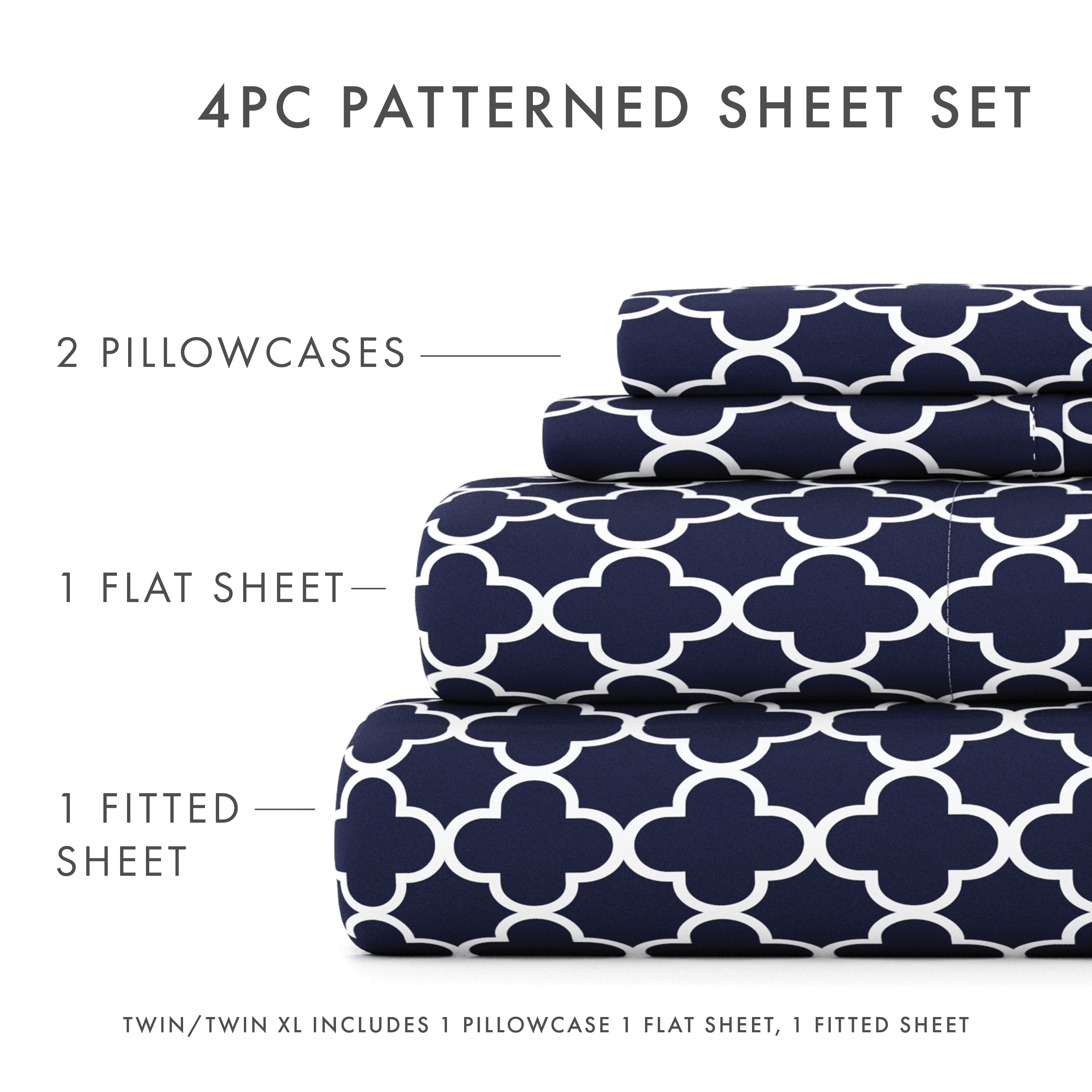 Noble Linens 4 Piece Pattern Microfiber Bed Sheets Set, Navy Quadrafoil, King