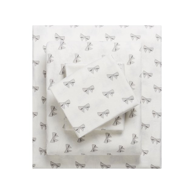 HOMETRENDS 4-piece double flannel sheet set in white with gray Parisienne bow print