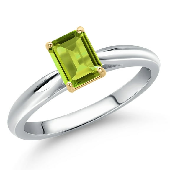 Gem Stone King 925 Silver and 10K Yellow Gold Green Peridot Engagement Ring for Women | 0.60 Cttw | Emerald Cut 6X4MM | Gemstone August Birthstone | Size 5