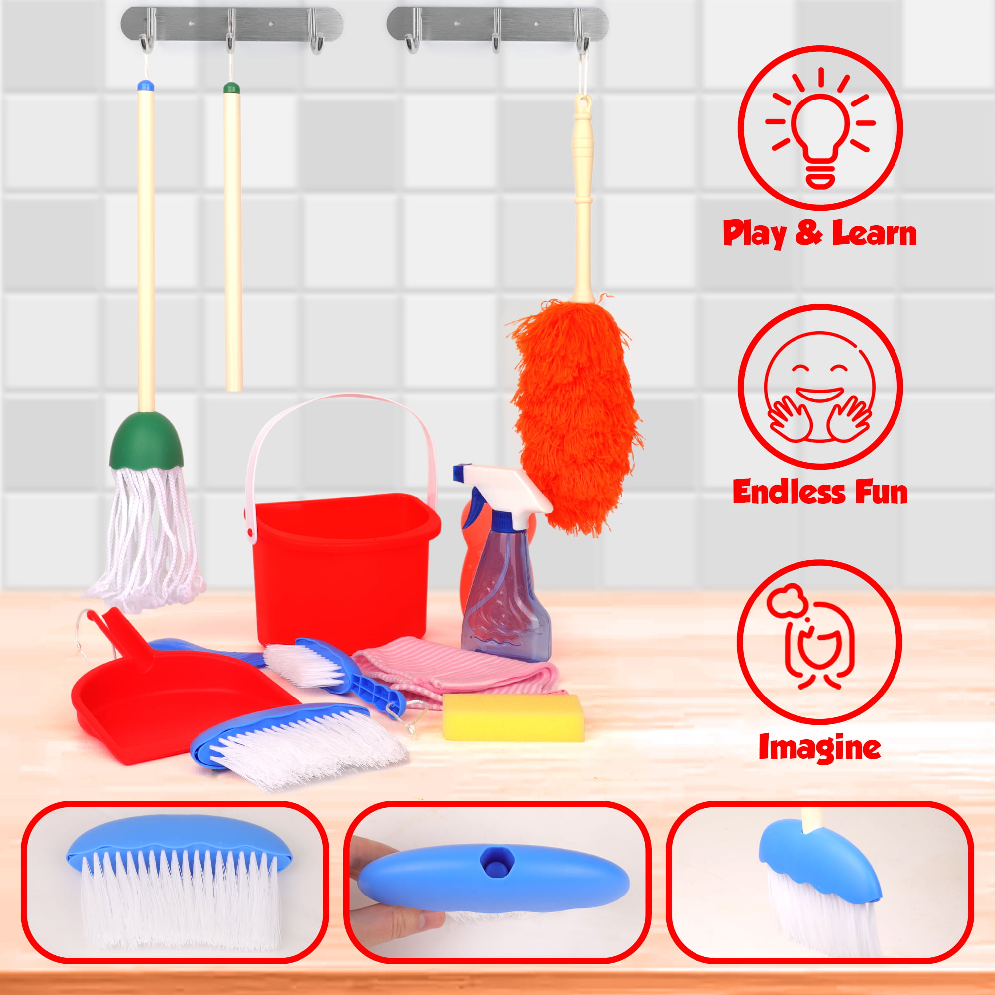 Playkidz Cleaning Caddy Set, 10Pcs Includes Spray, Sponge, Squeegee, Brush,  Organizer Caddy - Play Helper Realistic Housekeeping Set, Recommended for
