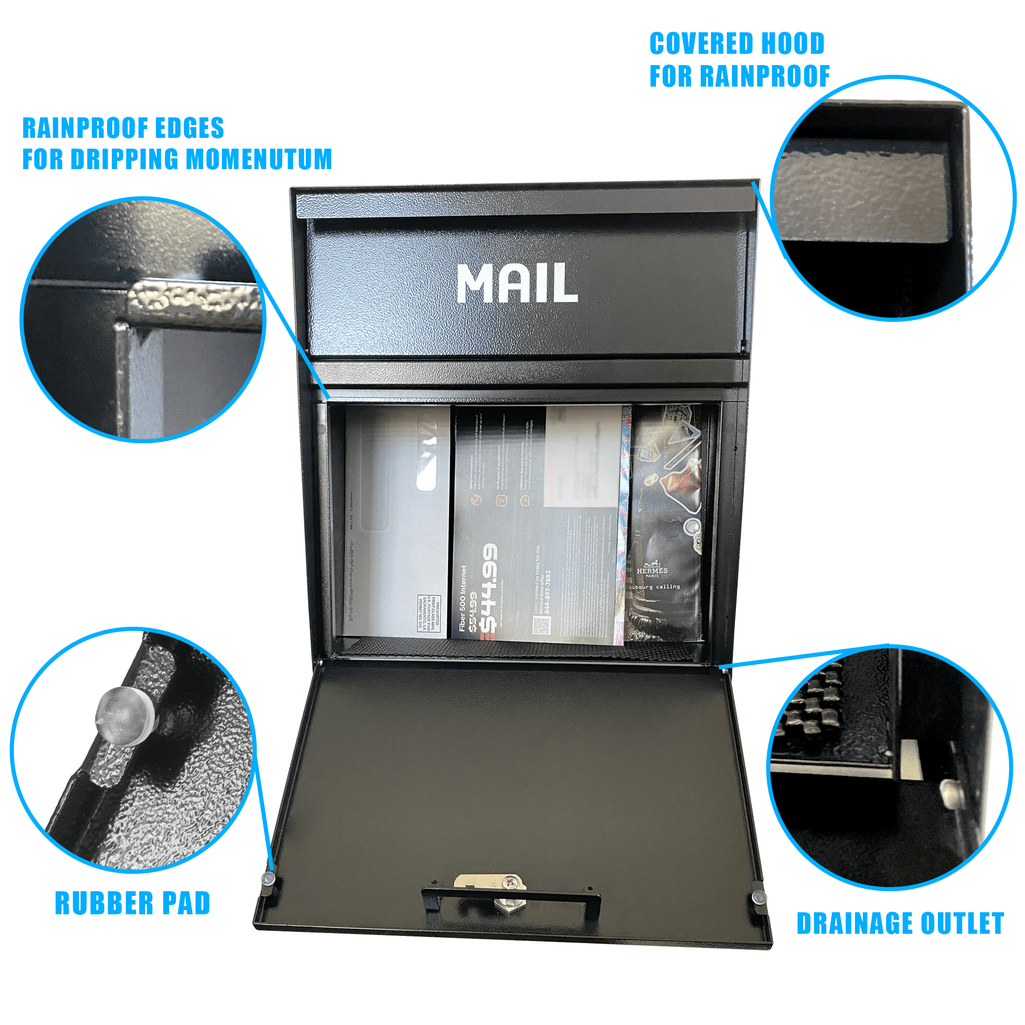 Plugsharge Rainproof Wall Mount Mailbox with Outgoing Mail Flag and Holder, Weatherproof Anti-Fishing Locking Mailbox, Heavy Duty Residential Security Mailbox, Payment Drop Box with Lock, Black