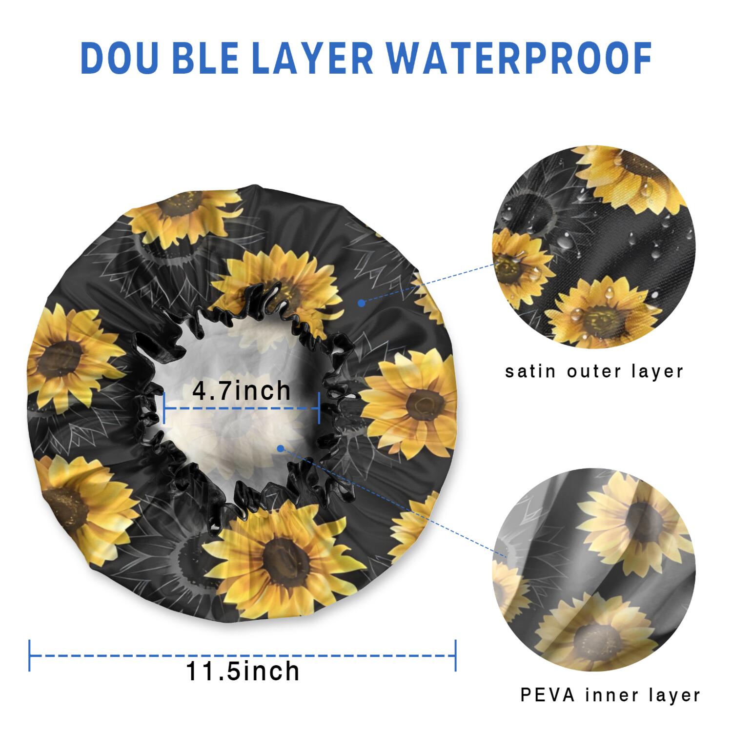 Shower Caps,Black Sunflower Gray Petal Pattern Waterproof Shower Cap for Women 4 Pieces,Double Reusable Hair Cover for Shower PEVA Elastic Stretch Hem