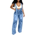 thumbnail image 2 of Women's Denim Overalls, Adjustable Zipper Jumpsuit, Wash Blue Cowboy Bib Pants, Loose Fit Casual One-Piece For Streetwear Blue XL, 2 of 6