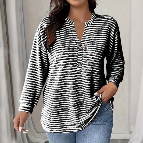 TaTaai Women Striped Long Sleeve Button V Neck Pullover Casual Fashion Top Ladies Spring Autumn Daily Commute Street Wear Soft Comfortable No Fading Machine Washable Blouse Gift