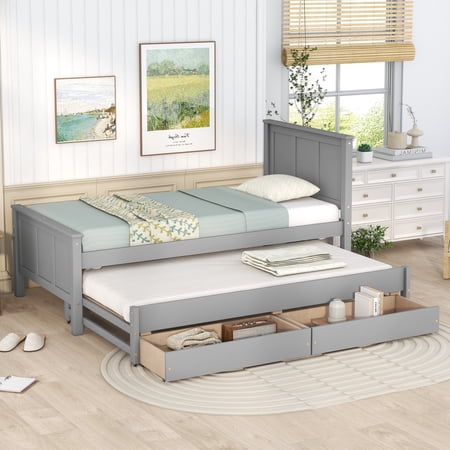 Bellemave Twin Bed with Trundle and 2 Storage Drawers, Wood Platform Bed Frame with Headboard and Trundle Bed, Twin Size Storage Bed for Bedroom (Grey)