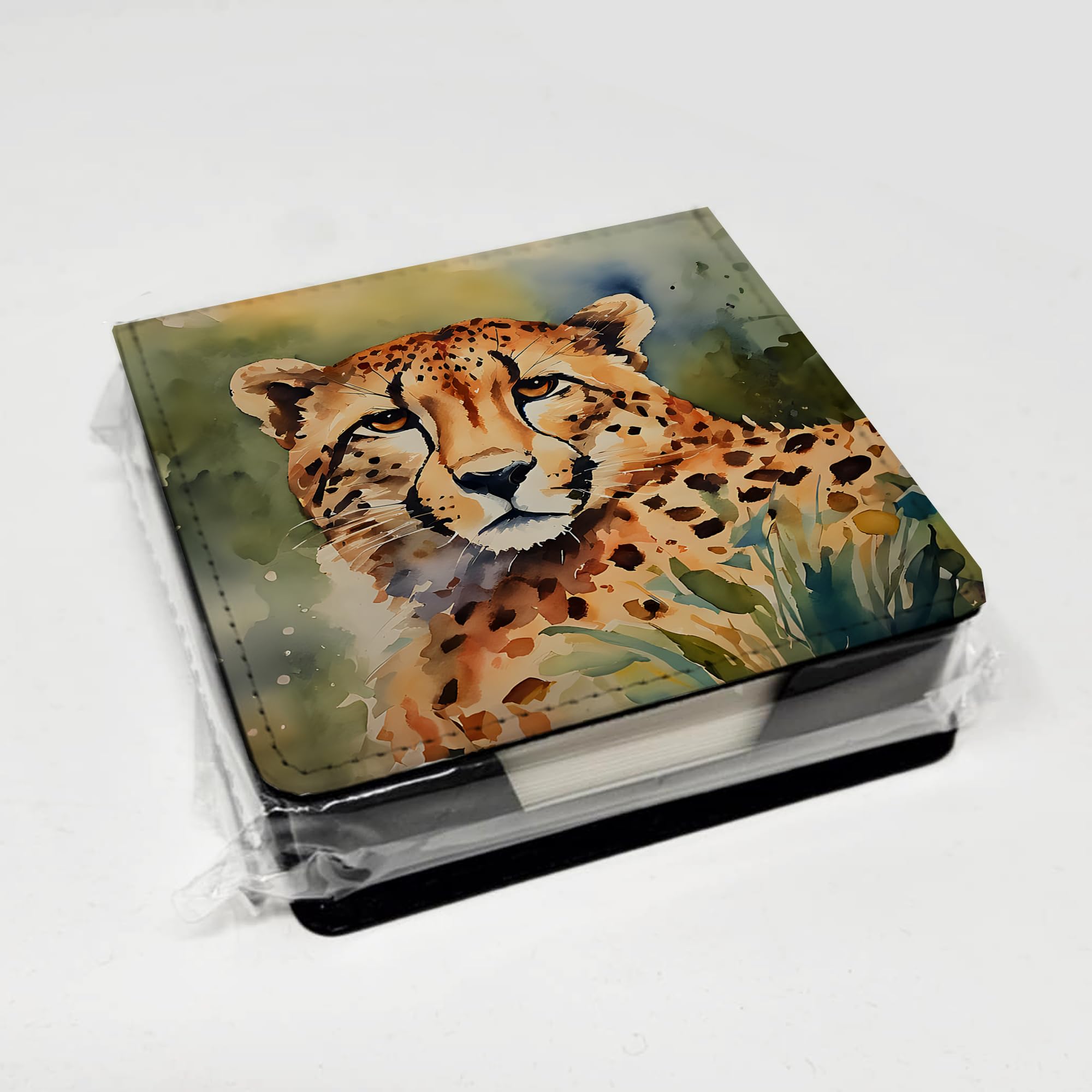 Caroline's Treasures Cheetah PU Leather Note Paper Holder with Artist-Designed Cover, Desk Accessory, Office Gift