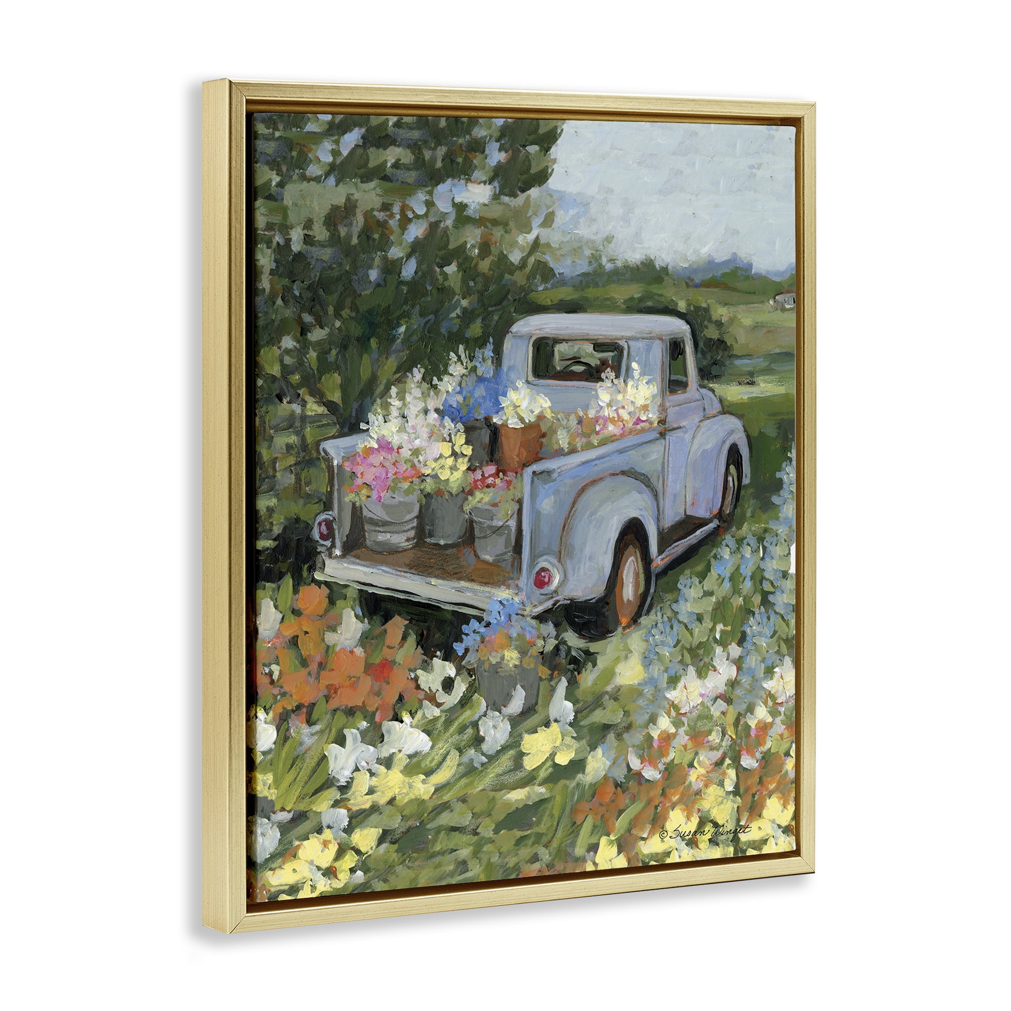 Stupell Industries Truckin' Field with Flowers Gold Framed Floater Canvas Wall Art, design by Susan Winget