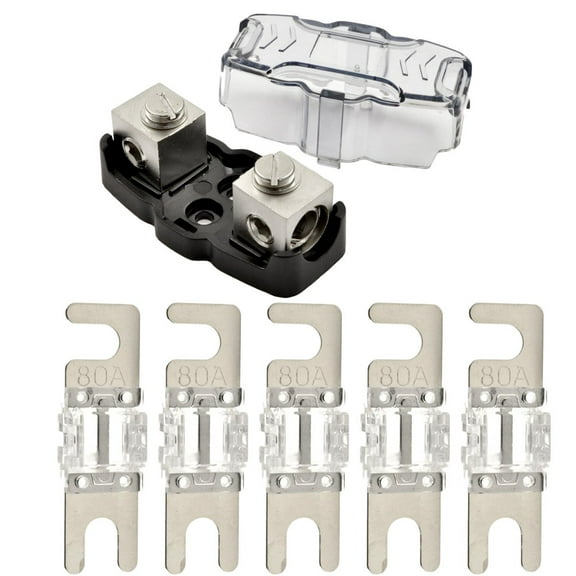 4-8 Gauge Nickel Plated Mini ANL Fuse Holder with 5 Pack Nickel Plated 80 Amp MANL Fuse