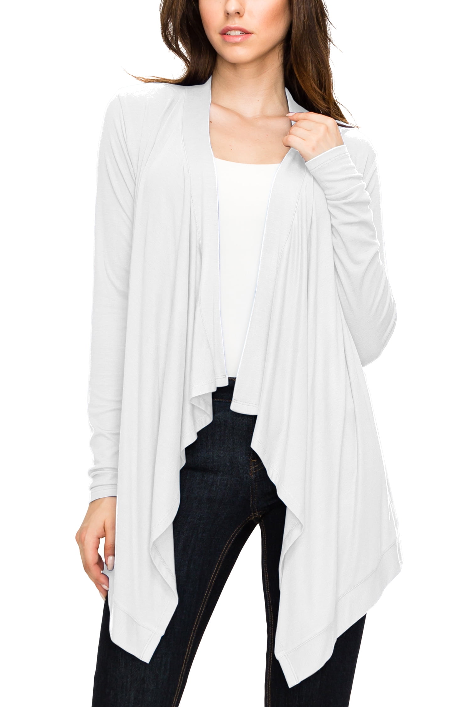 WSK849 Women's Open Front Cardigan - Lightweight Long Sleeve Knit (Size XL, White) - View #12
