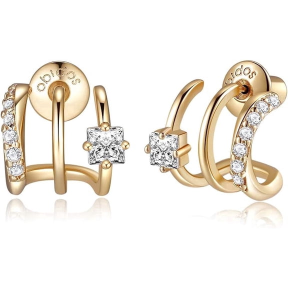 SUETOR 14K Gold Plated Triple Huggie Illusion Earrings for Women Double Hoop Stud Drop Earrings Hypoallergenic Fashion Gold Hoop Jewelry Gift