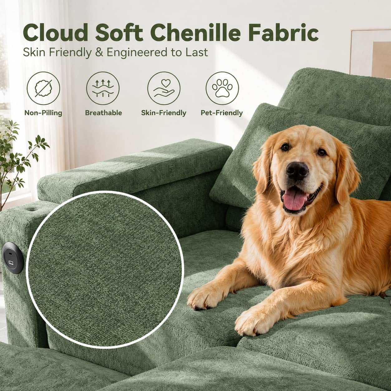 TiramisuBest 81" 3-in-1 Convertible Sleeper Sofa Bed with Power Recliner,Chenille Sofa Couch with Tray Table & USB for Living Room,Green