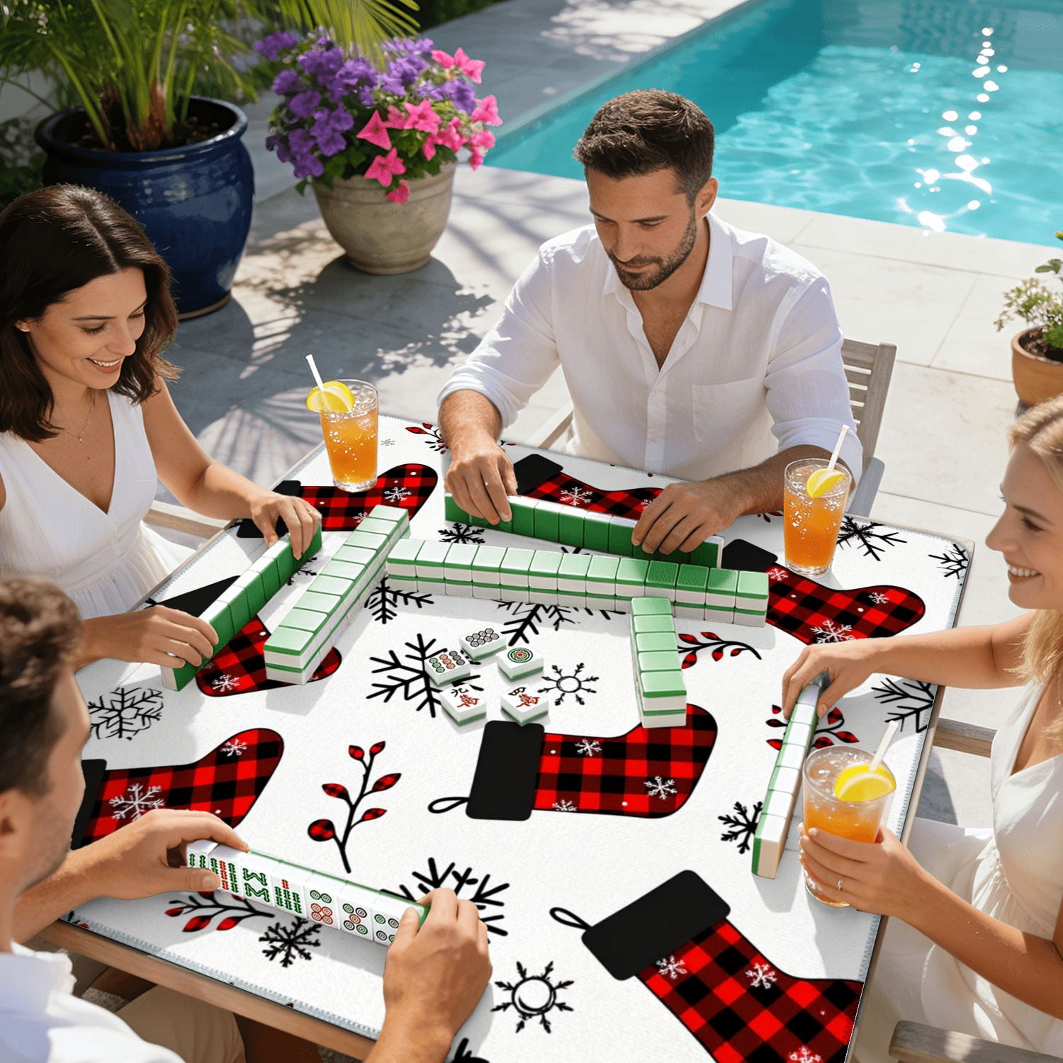 Mahjong Mat 31.5" x 31.5" Buffalo plaid Christmas stocking seamless Checkered socks snowflakes Non-Slip Noise Reduction American Mahjong Tiles Table Cover for Dominoes Poker Card Board Games Gift
