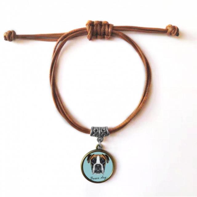 Lop-eard Boxer Dog Pet Animal Bracelet Leather Hide Rope Wristband Brown Jewelry