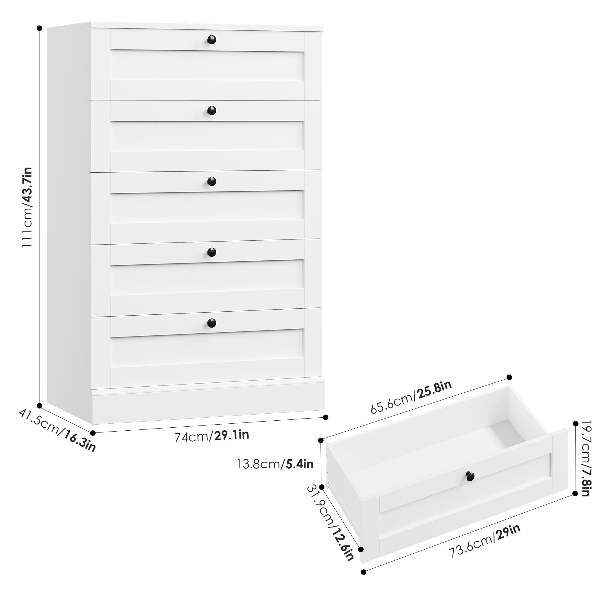 Homfa 5 Drawer Dresser, Tall White Dresser for Bedroom, Vertical Dresser Drawer Unit Wood Organizer for Living Room Entryway Small Spaces
