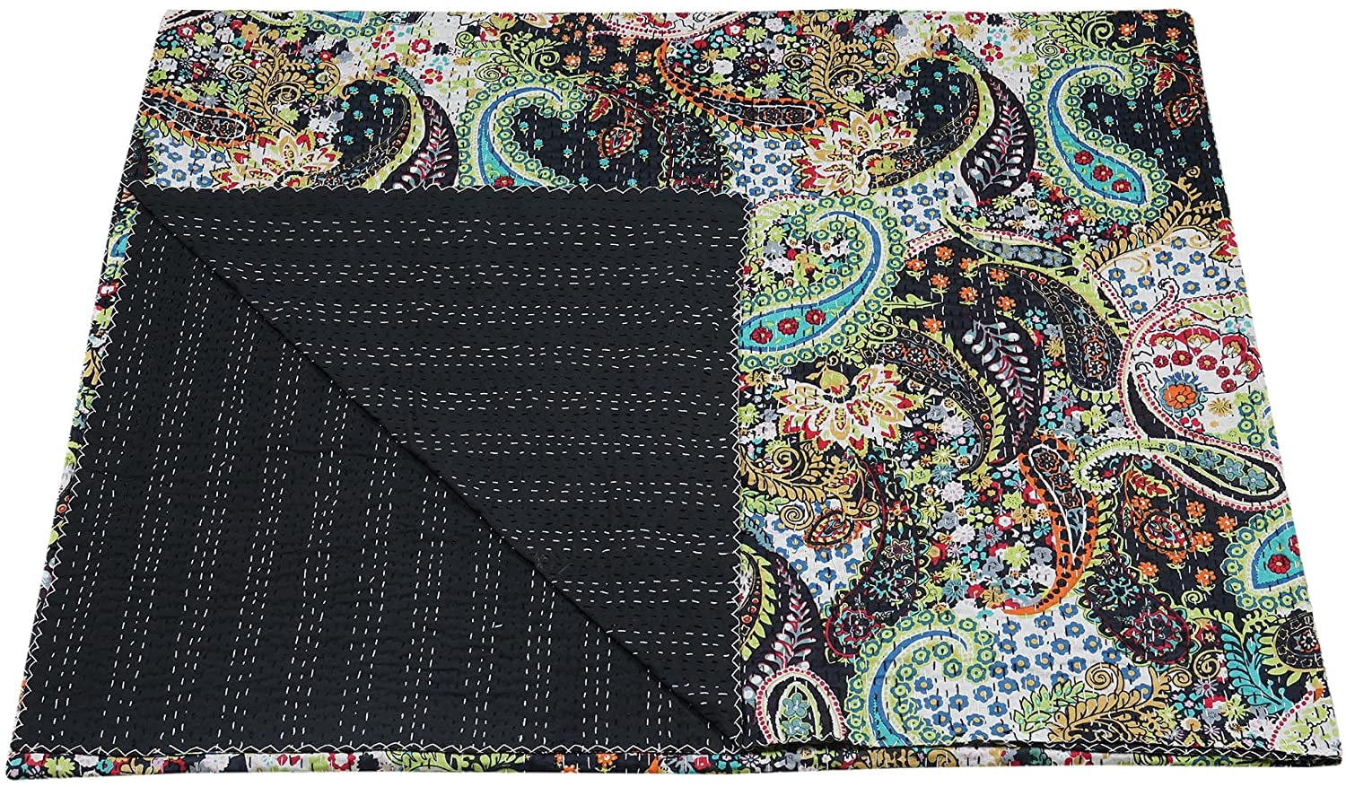 Vintage Handmade Kantha Quilt Indian Traditional Bed Cover Throw Paisley Printed Kantha Quilts (Black Color, King (90x108 Inch)