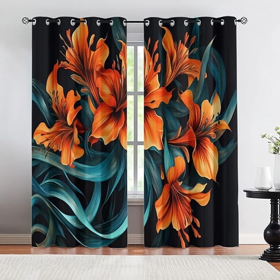 Floral Blackout Curtains For Girls Boys Home Decor, Orange Floral Curtain, Abstract Plant Print Grommet Drapes For Living Room Bedroom Home Decor 26"W x 45"L (Pack of 2)
